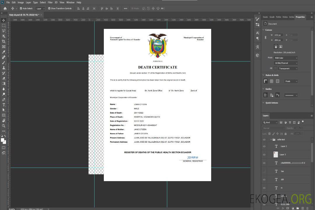 Modèle Word et PDF de certificat de décès de l'état civil de l'Équateur template